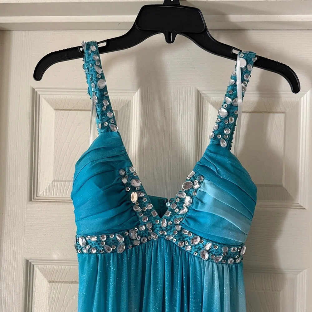 Jodi Kristopher Turquoise Beaded Halter Prom Gown - Picture 3 of 7
